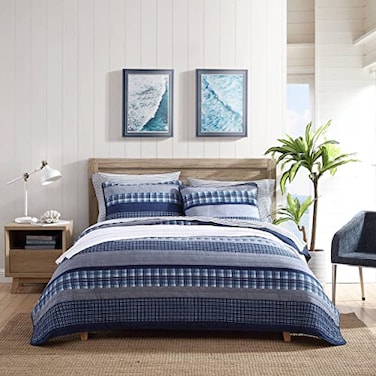 Nautica Queen Quilt Set Reversible Bedding with Matching Shams Plaid and Stripe Room Decor Lightweight Bed Set College Dorm Room Essentials Addison Blue
