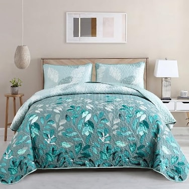 WONGS BEDDING Aqua Quilt Set King Size 3 Pieces Floral Botancal Leaves Gradient Bedspread Coverlet Set with 2 Pillowcases for All Season Soft Microfiber Floral Bedding Set 10490