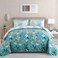 WONGS BEDDING Aqua Quilt Set King Size 3 Pieces Floral Botancal Leaves Gradient Bedspread Coverlet Set with 2 Pillowcases for All Season Soft Microfiber Floral Bedding Set 10490