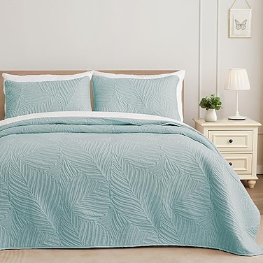 Exclusivo Mezcla Queen Quilt Bedding Set Lightweight Aqua Blue Quilts Queen Full Size for All Seasons Soft Microfiber Bedspreads Coverlets Bed Cover with Leaf Pattern 3 Piece
