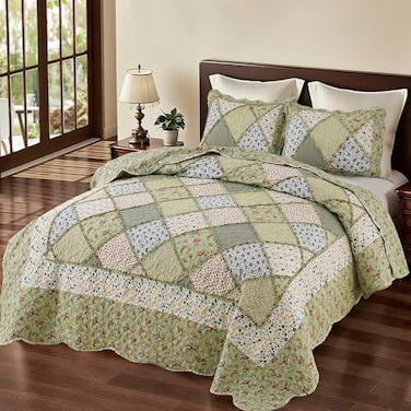 VIVILINEN King Size Patchwork Quilt Set Green Floral Reversible Quilted Bedspread Coverlet Set 3Piece Comforter Lightweight Stitched Quilt Bedding Set Bed Cover Blanket with 2 Pillow Shams for All Sea