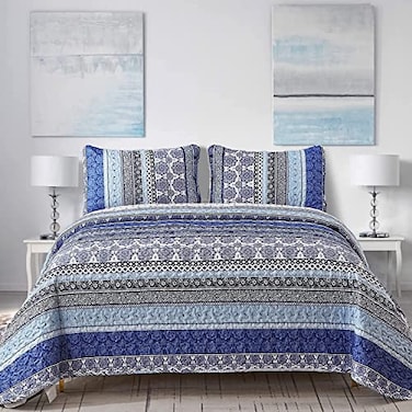 WONGS BEDDING Boho Quilt Set Twin Size Blue Bohemian 2 Pieces Quilt Sets Lightweight Bedspread Coverlet Bedding Set for All Season 68x86