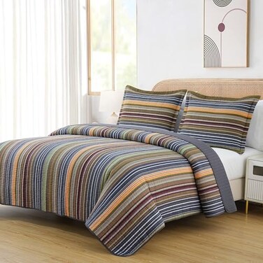 Chezmoi Collection Avery Striped Cotton Quilt Set Queen Size 3Piece Soft PreWashed 100 Cotton Quilt MultiColor Green