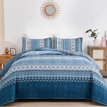 WONGS BEDDING Blue Quilt Set Queen Size Bohemian Stripe 3 Pieces Quilts Bedspread Set Boho Lightweight Microfiber All Season Bedding Coverlet Set for Queen Bed 96x90