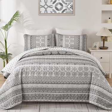 WONGS BEDDING Boho Quilt Set King Size Gray Bohemian 3 Pieces Quilt Sets Grey Lightweight Bedspread Coverlet Bedding Set for All Season 104x90