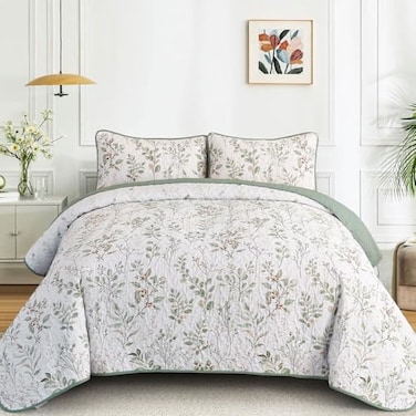 Anibedding Queen Size Quilt Sets Green Floral Pattern Quilt Bedding Set 3 Pieces Botanical Quilt Soft Microfiber Bed Coverlet for All Season96 x 90