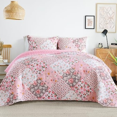 Whale Flotilla Patchwork Quilt Twin Size Extra Soft Boho Floral Bedspreads for Bed Reversible Lightweight Twin Quilt Bedding Set Printed Coverlets with 1 Pillow Sham for All Seasons Pink