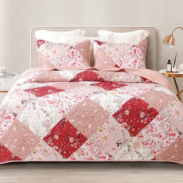 Whale Flotilla Patchwork Quilt Twin Size Extra Soft Boho Floral Bedspreads for Bed Reversible Lightweight Twin Quilt Bedding Set Printed Coverlets with 1 Pillow Sham for All Seasons Red
