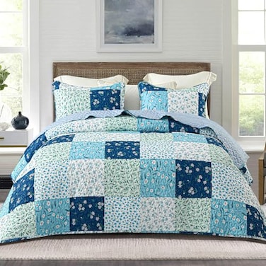 Whale Flotilla Patchwork Quilt Twin Size Extra Soft Boho Floral Bedspreads for Bed Reversible Lightweight Twin Quilt Bedding Set Printed Coverlets with 1 Pillow Sham for All Seasons Blue