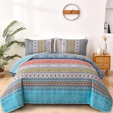 WONGS BEDDING Boho King Quilt Set Pink and Blue Bohemian Quilt Bedding Set Lightweight Bed Decor Bedspread for All Season Reversible Microfiber Coverlet Bedding Set 103x903 Pieces