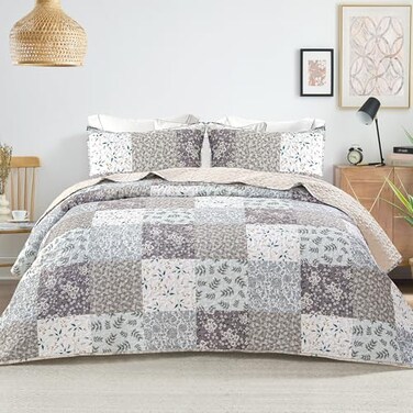 Whale Flotilla Patchwork Quilt Twin Size Extra Soft Boho Floral Bedspreads for Bed Reversible Lightweight Twin Quilt Bedding Set Printed Coverlets with 1 Pillow Sham for All Seasons Grey