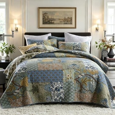 camandy Cotton Bedspread Quilt Bedding Sets Reversible Coverlet Sets Comforters Rustic Paisley Floral Patchwork Sage Green Bedspread Queen Size
