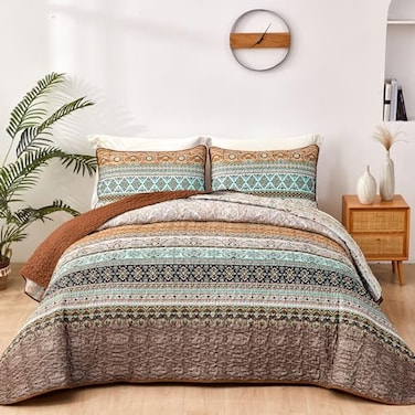 WONGS BEDDING Boho Fall Quilt Set King Brown Bohemian Quilt Bedding Set Ultra Soft Lightweight Bed Decor Bedspread for All Season Reversible Microfiber Coverlet Bedding Set 103x903 Pieces