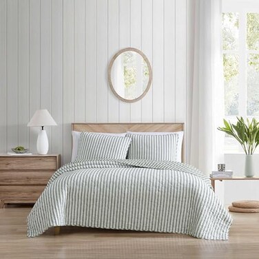 Stone Cottage Twin Quilt Set Reversible Cotton Bedding with Matching Shams Striped Ideal Bedding Set Willow Way Green Twin