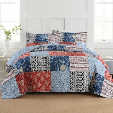 Secgo California King Comforter Set for Bed 100 Cotton Quilts Cal King Size Black Bedspreads 120 110 Inch with 2 Pillow Shams Patchwork Reversible Lightweight Bedding