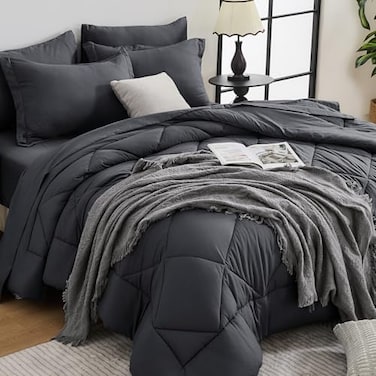 HEVUMYI California King Comforter Set 7Piece All Season Bed in a Bag CaliKing Ultra Soft Bedding Set with Comforter Flat Sheet Fitted Sheet Pillowcases Pillow Shams Dark Grey