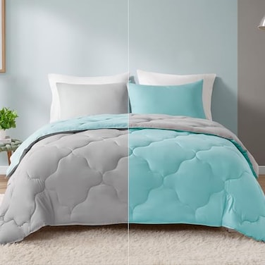 Comfort Spaces Vixie Reversible Comforter Set Trendy Casual Geometric Quilted Cover All Season Down Alternative Cozy Bedding Matching Sham AquaGray FullQueen 3 piece