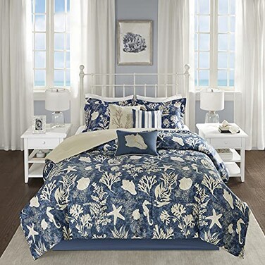 Madison Park 100 Cotton Comforter Set Coastal Coral Starfish Design All Season Down Alternative Cozy Bedding with Matching Shams Decorative Pillow Queen90x90 Blue Cape Cod Navy 7pcs