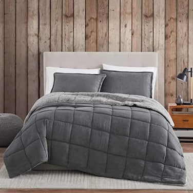 Eddie Bauer King Comforter Set Microsuede Bedding with Soft Sherpa Reverse 3 Piece Bed Set with Matching Pillowcases Sherwood Grey
