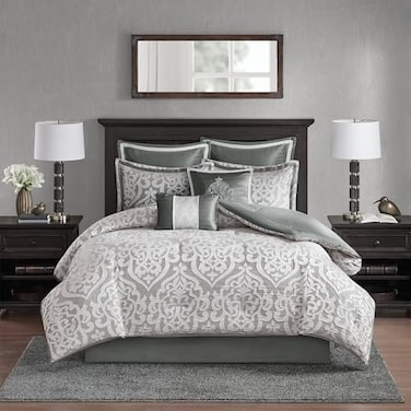 Madison Park Odette Cozy Comforter Set Jacquard Damask Medallion Design Modern All Season Down Alternative Bedding Shams Decorative Pillows Queen90 in x 90 in Silver 8 Piece