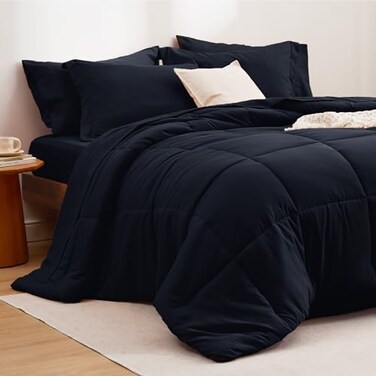 Bedsure Black Comforter Set King 7 Pieces Solid Bed in a Bag King Bed Set with Comforter Sheets Pillowcases Shams