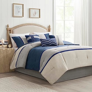 Madison Park Palisades Comforter Set Modern Faux Suede Pieced Stripe Design All Season Down Alternative Cozy Bedding with Matching Shams Decorative Pillows Cal King104x92 Blue 7 Piece
