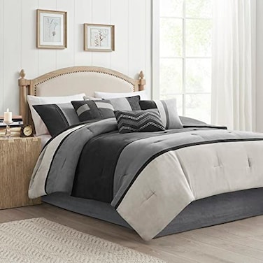 Madison Park Palisades Comforter Set Modern Faux Suede Pieced Stripe Design All Season Down Alternative Cozy Bedding with Matching Shams Decorative Pillows Cal King104x92 Black 7 Piece
