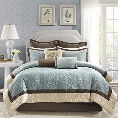 Madison Park Cozy Comforter Set Casual Modern Design All Season Matching Bed Skirt Decorative Pillows Queen92x96 Blue 9 Piece MP10458