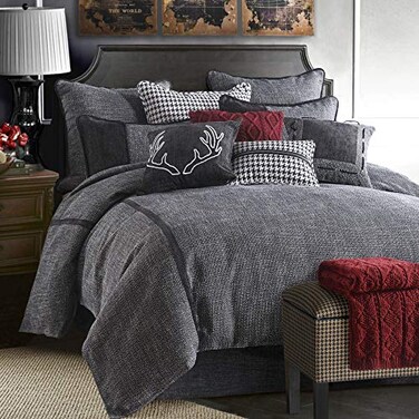 H HIEND ACCENTS HiEnd Accents Hamilton 4 Piece Comforter Set Black and White Tweed Bed Set King Size Rustic Cabin Lodge Luxury Bedding Set 1 Comforter 1 Bed Skirt 2 Pillow Shams