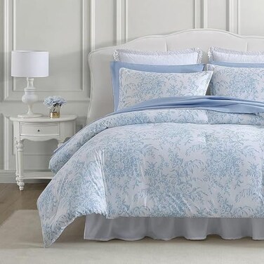 Laura Ashley King Comforter Set Cotton Reversible Bedding Set with Matching Shams Farmhouse Home Dcor Bedford Blue King