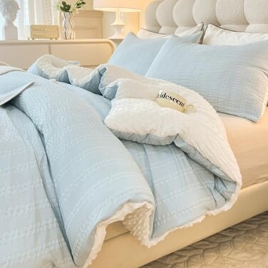 tohrisa Boho Comforter Set Queen Size Striped Pleats Bohemian Seersucker Bedding Set All Season Soft Cozy 3 Pieces Quilt with 2 Pillowcases90X90 Light Blue