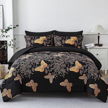 Yogeneg 7 Piece Bed in a Bag King Size Comforter Set Black Bedding SetGold Butterfly Leaves Printed on Black Reversible DesignSoft Microfiber Comforter with Sheet SetAll SeasonButterflyKing