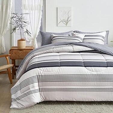 Flysheep 3 Pcs Gray Striped Boho Comforter Set King Size Grey and Black Stripes on White Soft Microfiber Reversible Modern Bedding for All Season