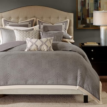 Madison Park Signature Cozy Comforter Set All Season Bedding Combo Filled Insert and Removable Duvet Cover Shams Decorative Pillows Queen 92 in x 96 in Geometric Grey 9 Piece