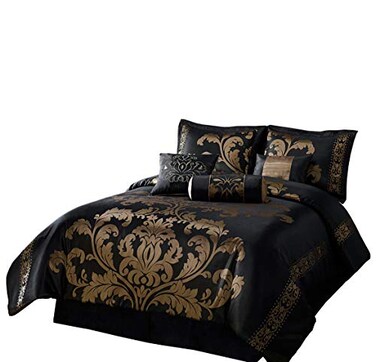 Chezmoi Collection 7Piece Jacquard Floral Comforter SetBedinaBag Set King Black Gold