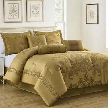 Chezmoi Collection 7Piece Jacquard Floral Comforter Set King Gold