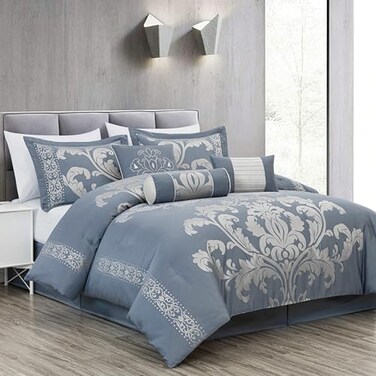 Chezmoi Collection Royale 7Piece Jacquard Floral Comforter Set Oversized King Grayish BlueGray