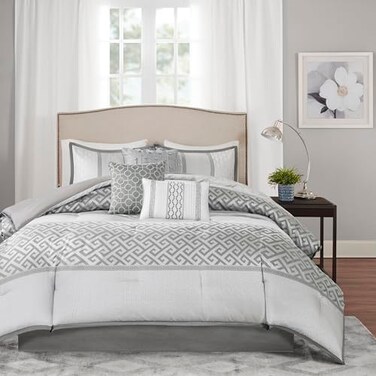 Madison Park Luxury Comforter SetTraditional Jacquard Design All Season Down Alternative Bedding Matching Bedskirt Decorative Pillows King104x92 Bennett Geometric Grey 7 Piece
