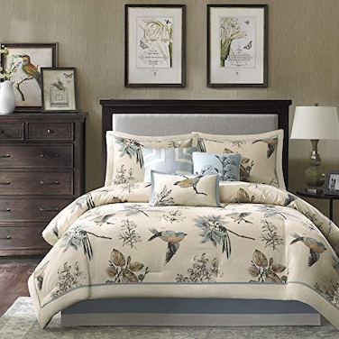Madison Park Quincy Cozy Comforter Nature Scenery Design All Season Bedding Matching Bed Skirt Decorative Pillows Quincy Leaf Bird Khaki Cal King104x92 7 Piece