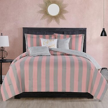 Juicy Couture Cabana Stripe Reversible Bedding Set QueenFull Size Pink and Grey Stripe Print 6 Piece Set Includes 1 90 x 90 Comforter 3 Decorative Pillows 2 Shams