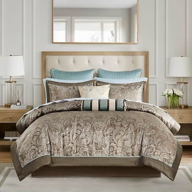 Madison Park Aubrey Cozy Comforter Set Faux Silk Jacquard Paisley Design All Season Down Alternative Bedding with Cotton Bed Sheets Bed Skirt Toss Pillows Queen Blue 12 Piece