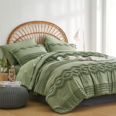 KAKIJUMN Sage Green Tufted Comforter Set Queen Size 7 Piece Bed in a Bag Shabby Chic Boho Comforter and Sheet Set Pom Pom Textured Bed Set All Season Soft Microfiber Complete Bedding SetGreenQueen