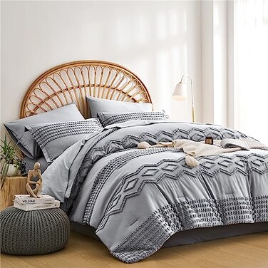 KAKIJUMN Grey Tufted Comforter Set King Size 7 Piece Bed in a Bag Shabby Chic Boho Comforter and Sheet Set Pom Pom Textured Bed Set All Season Soft Microfiber Complete Bedding SetGreyKing
