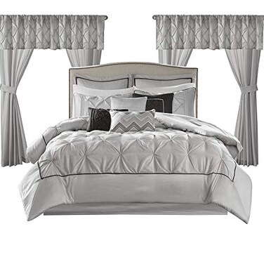 Madison Park Essentials Room in a Bag Faux Silk Comforter Set Luxe Diamond Tufting All Season Bedding Matching Curtains Decorative Pillows Grey Queen90x90 24 Piece