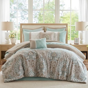 510 DESIGN Luxe Quilted Comforter Set Modern Transitional Design All Season Down Alternative Warm Bedding Matching Shams Bedskirt Decorative Pillow King Shawnee Scrollwork Seafoam