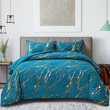 WONGS BEDDING Teal Gold Metallic Marble Comforter Set King Foil Print Glitter Bedding Sets with 2 Pillowcases for All Seasons Soft Microfiber Filling Bedding Duvet Set 103x90