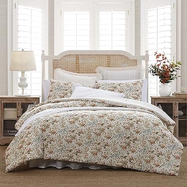 Laura Ashley Queen Comforter Set Reversible Cotton Bedding with Matching Shams Floral Home Decor with Plaid Reverse Bramble Floral Beige Queen