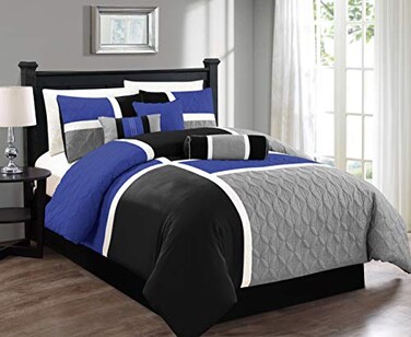 Chezmoi Collection Upland 7Piece Quilted Patchwork Comforter Set BlueBlackGray Queen