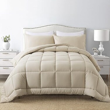 DOWNCOOL Full Size Comforter Sets All Season Bedding Comforters Sets with 2 Pillow Cases 3 Pieces Bed Set Down Alternative Comforter Set Beige Bedding Sets Full82x86