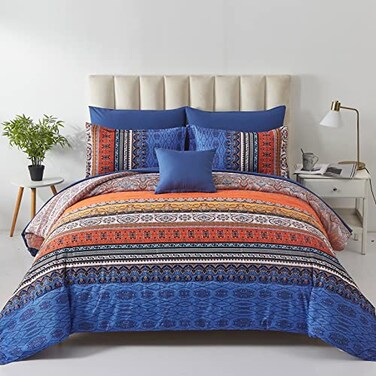 Cottolester Boho Comforter Set King Size 8 Piece Bed in a Bag Burnt Orange Paisley Fall Comforter and Sheet Set Bohemian Striped Bedding SetSoft Microfiber Complete Bedding Set